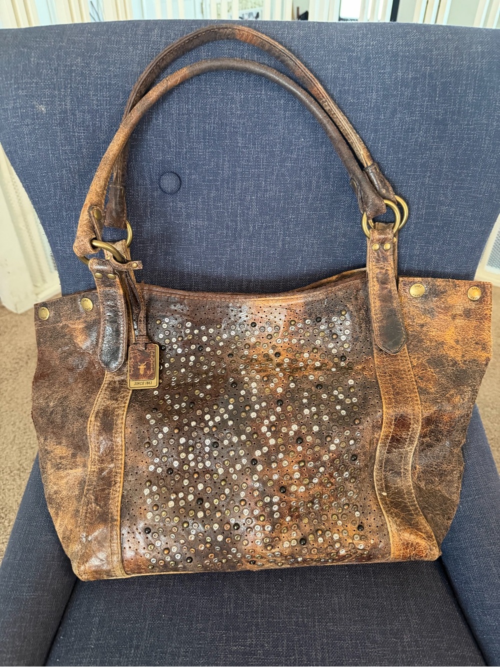 Frye Deborah Studded Distressed Brown Leather Shoulder Bag
